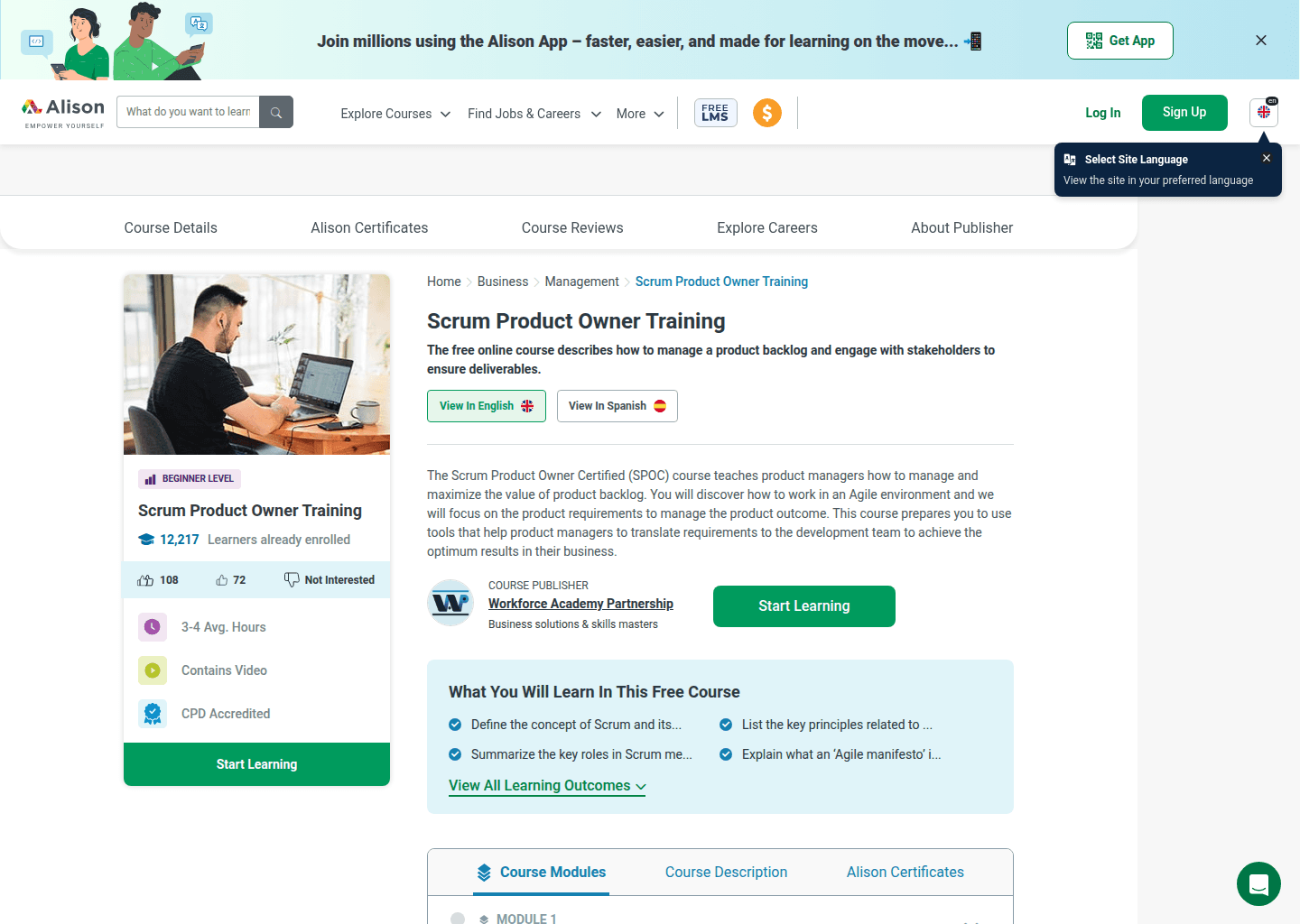 Website preview for Scrum Product Owner Training (Alison)