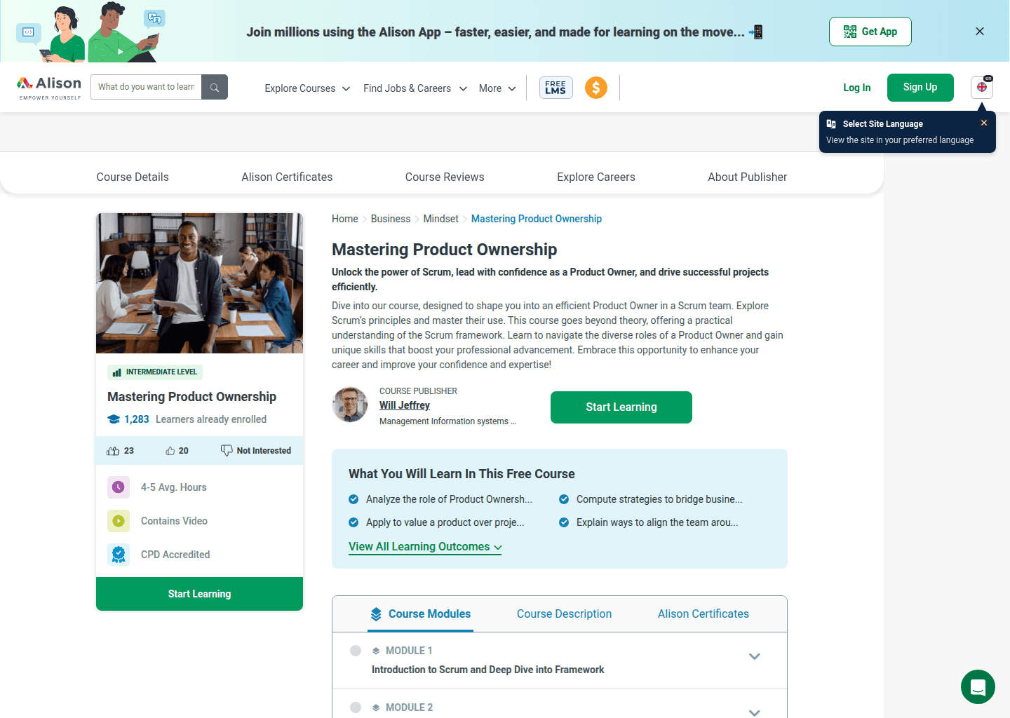 Website preview for Mastering Product Ownership (Alison)