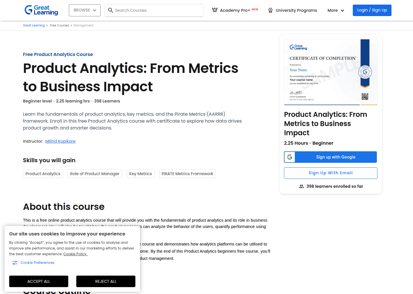 Website preview for Product Analytics from Metrics to Business Impact