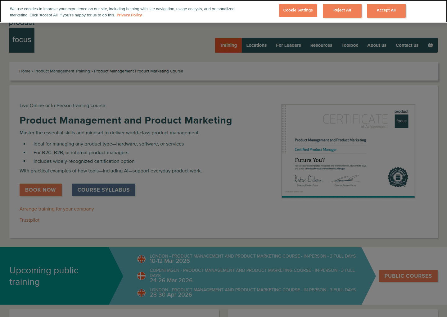 Website preview for Product Management & Product Marketing Course