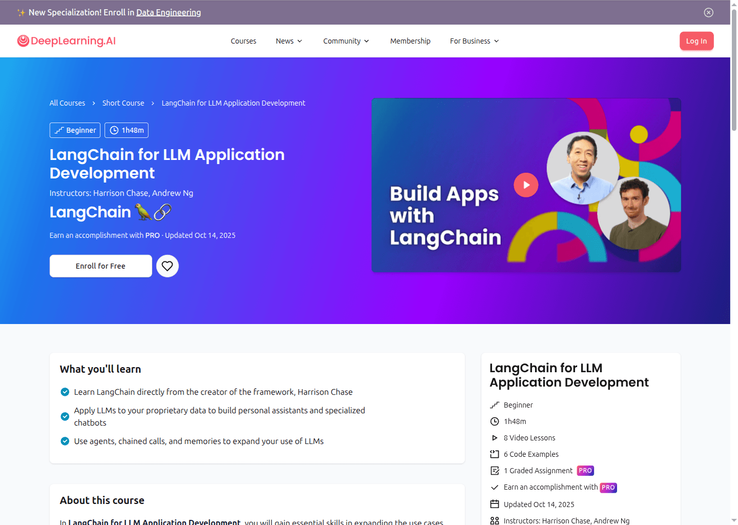 Website preview for LangChain for LLM Application Development