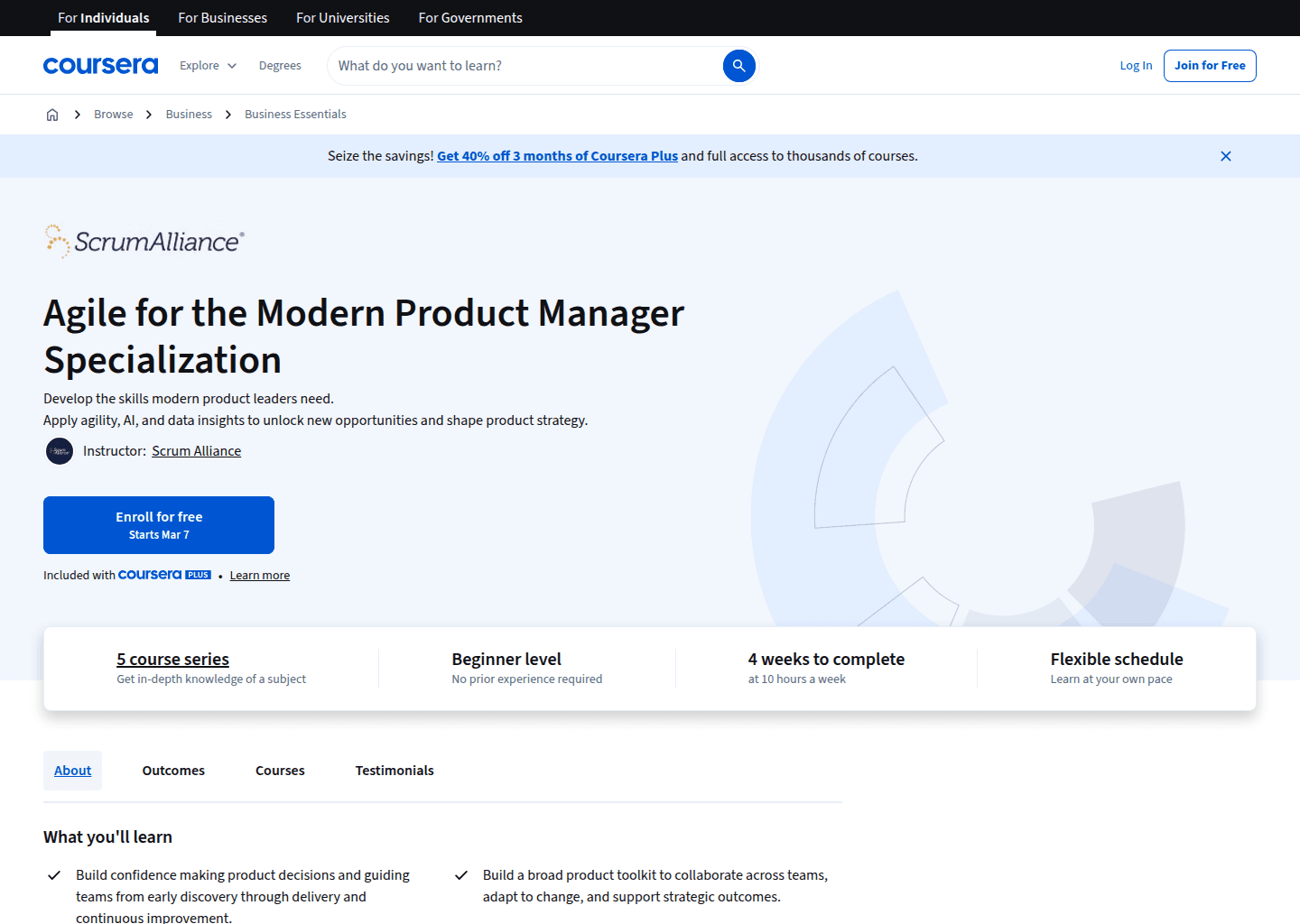 Website preview for Agile for the Modern Product Manager Specialization