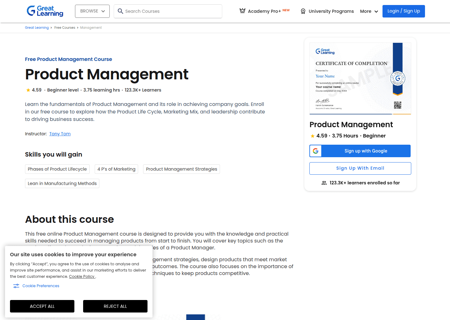 Website preview for Product Management Free Course with Certificate