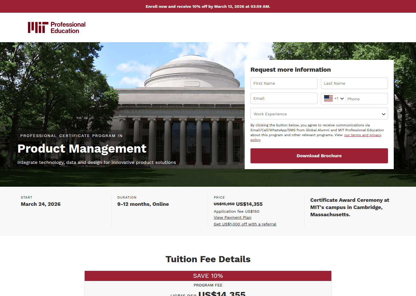 Website preview for Professional Certificate Program in Product Management