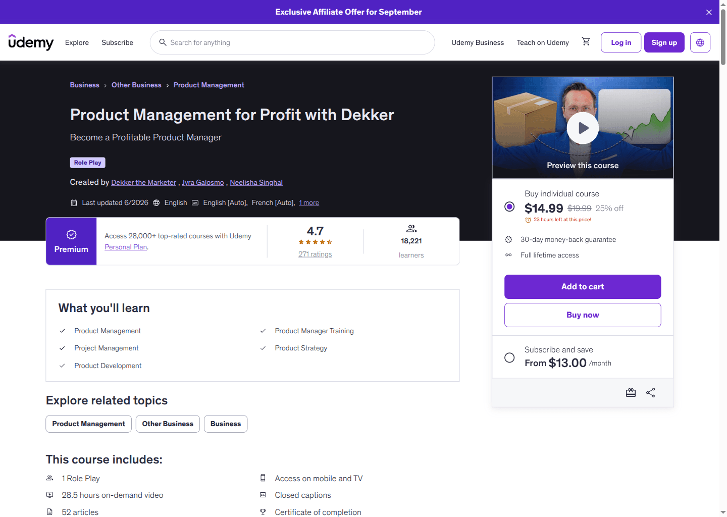 Website preview for Product Management for Profit with Dekker