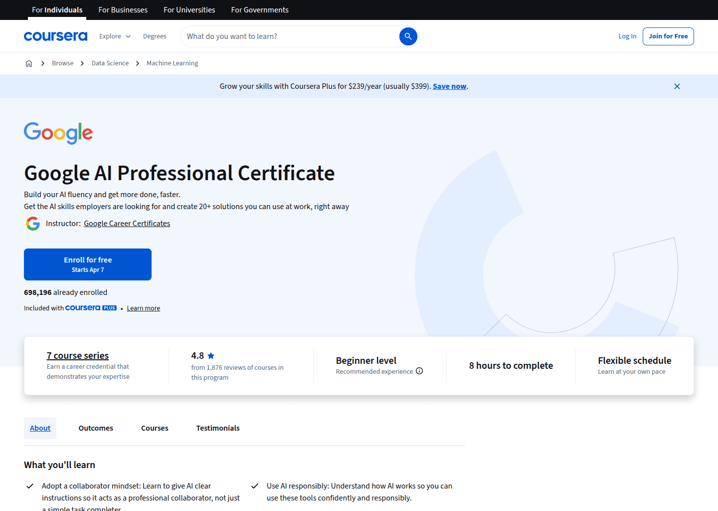 Website preview for Google AI Professional Certificate