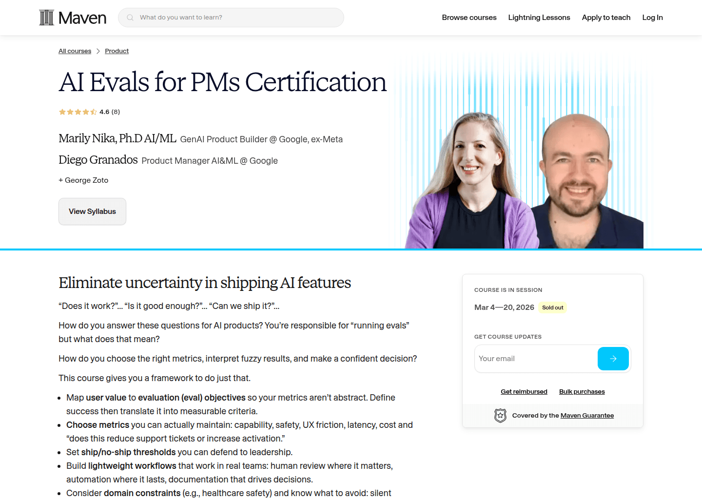 Website preview for AI Evals for PMs Certification