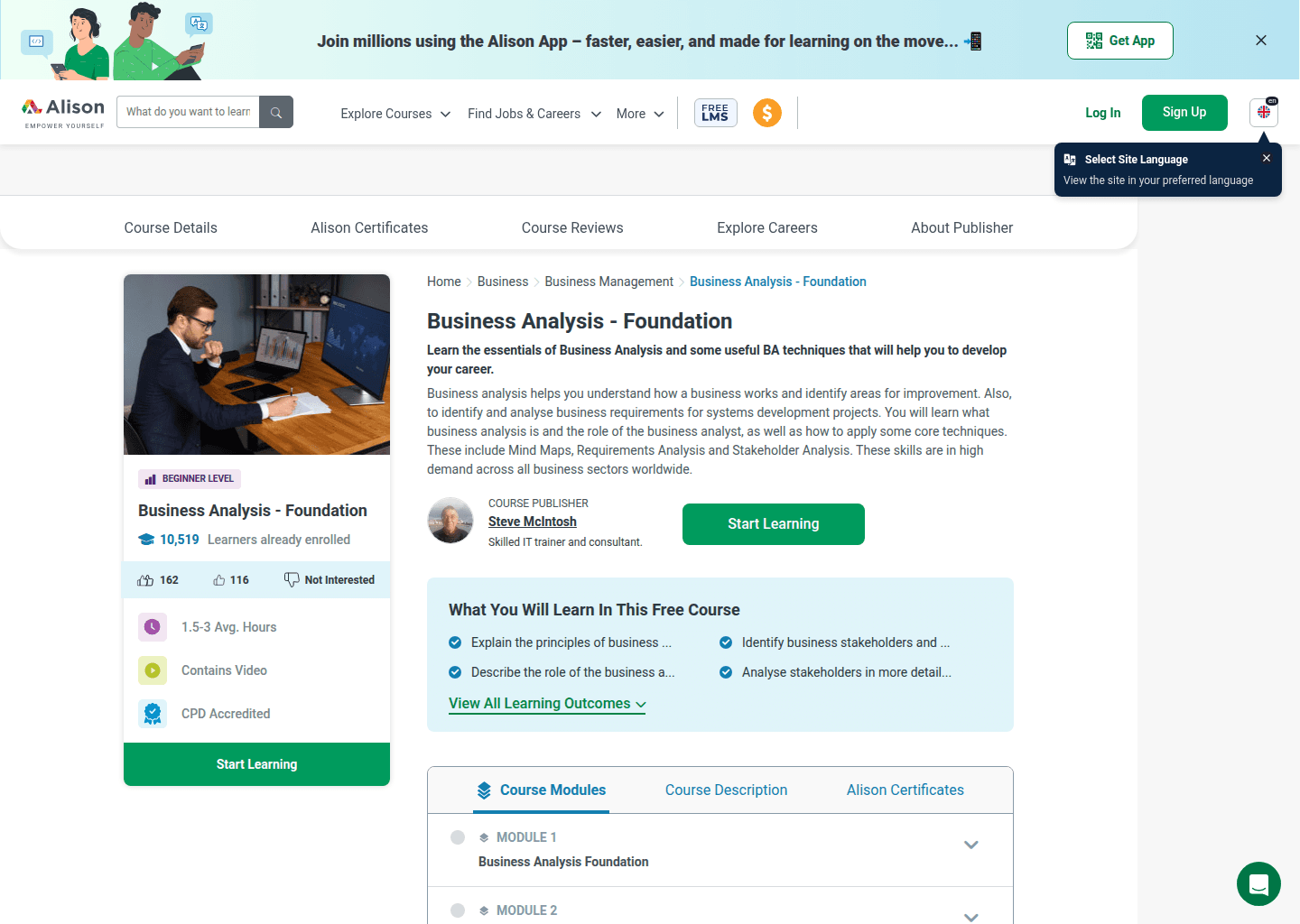 Website preview for Business Analysis – Foundation (Alison)