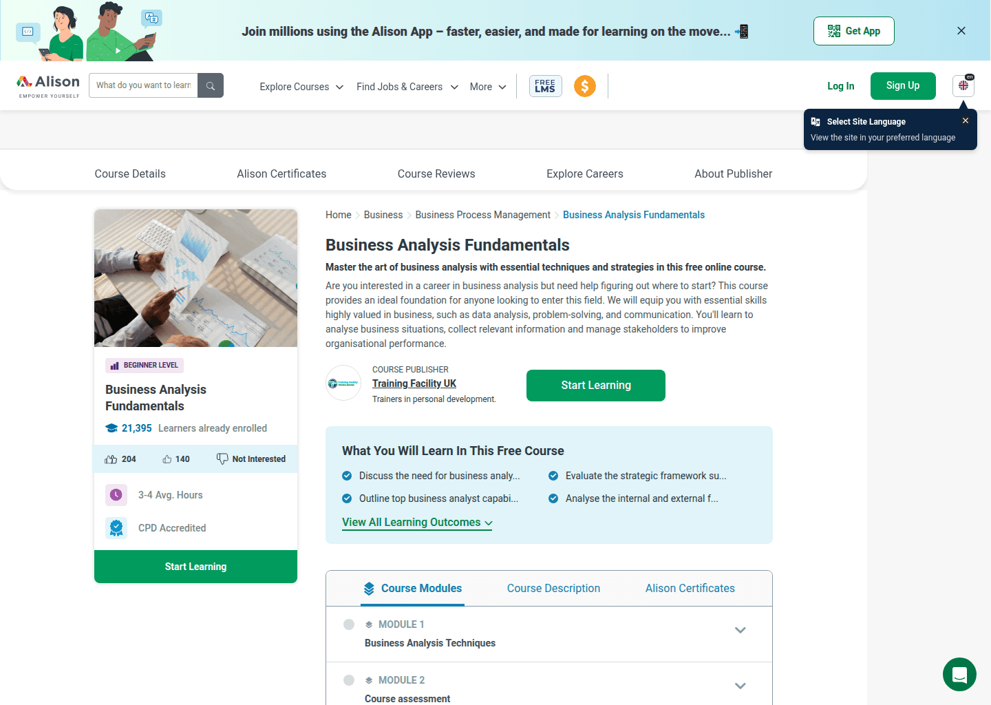 Website preview for Business Analysis Fundamentals (Alison)