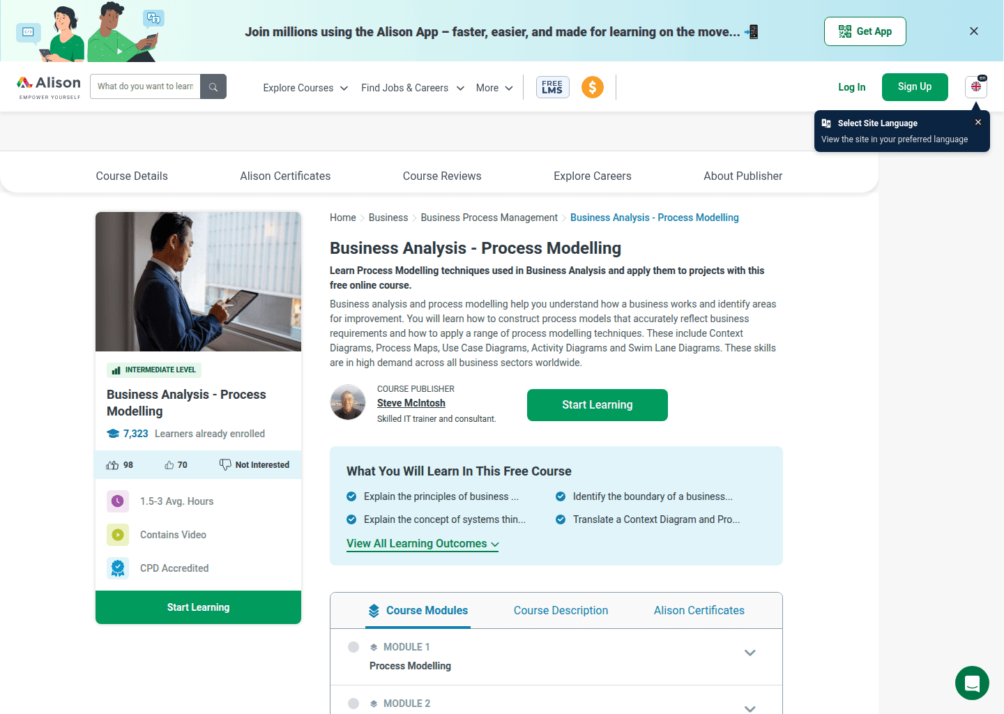 Website preview for Business Analysis – Process Modelling (Alison)