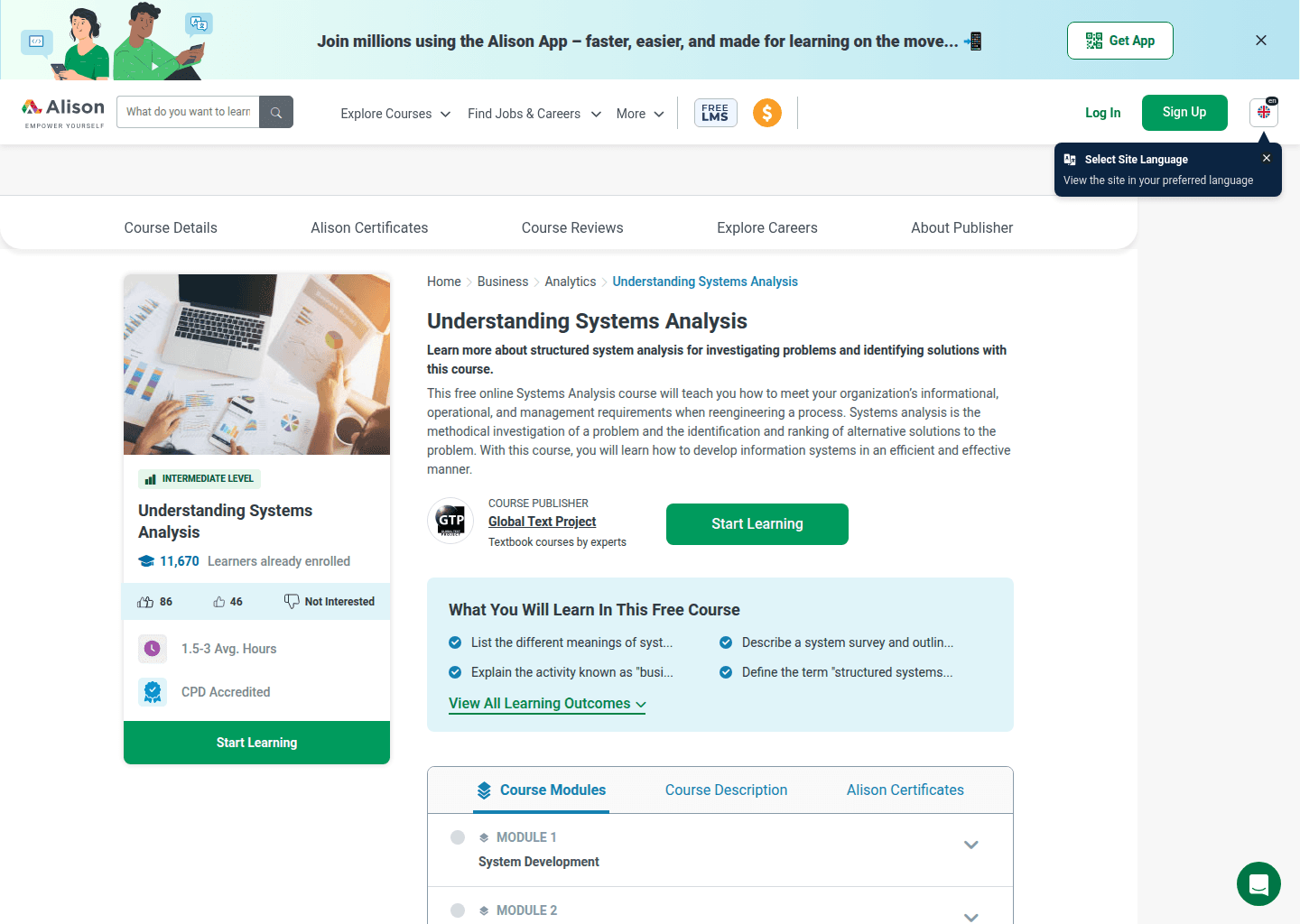 Website preview for Understanding Systems Analysis (Alison)