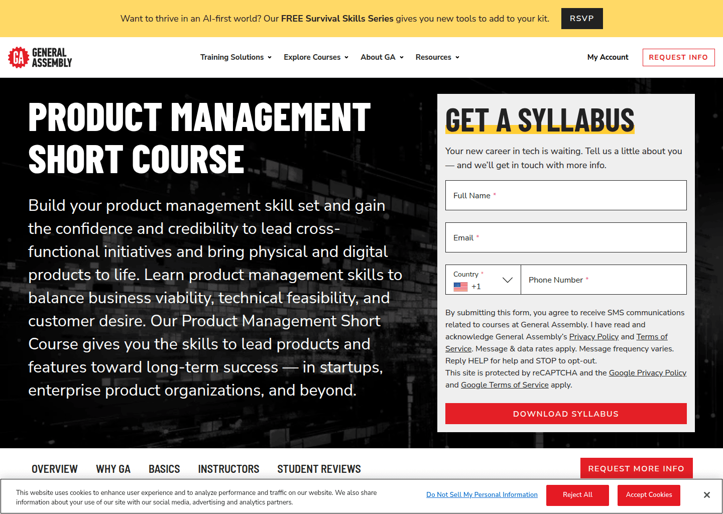 Website preview for Product Management Short Course