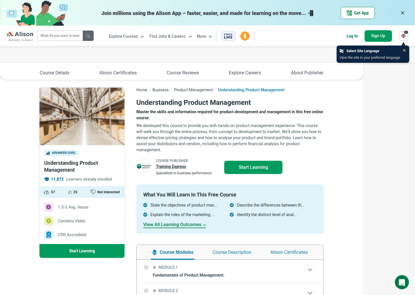 Website preview for Understanding Product Management (Alison)