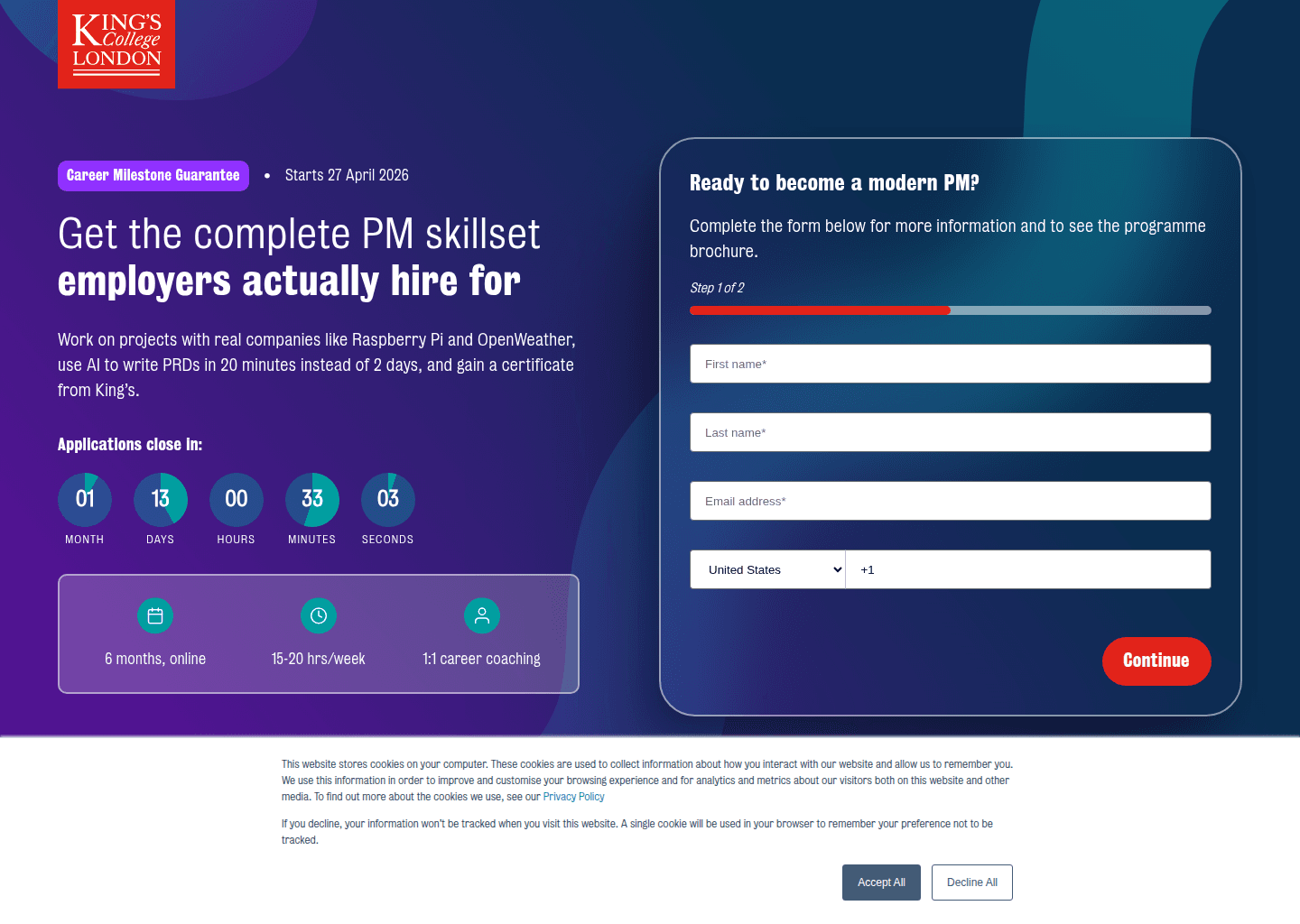Website preview for King's Product Management Career Accelerator