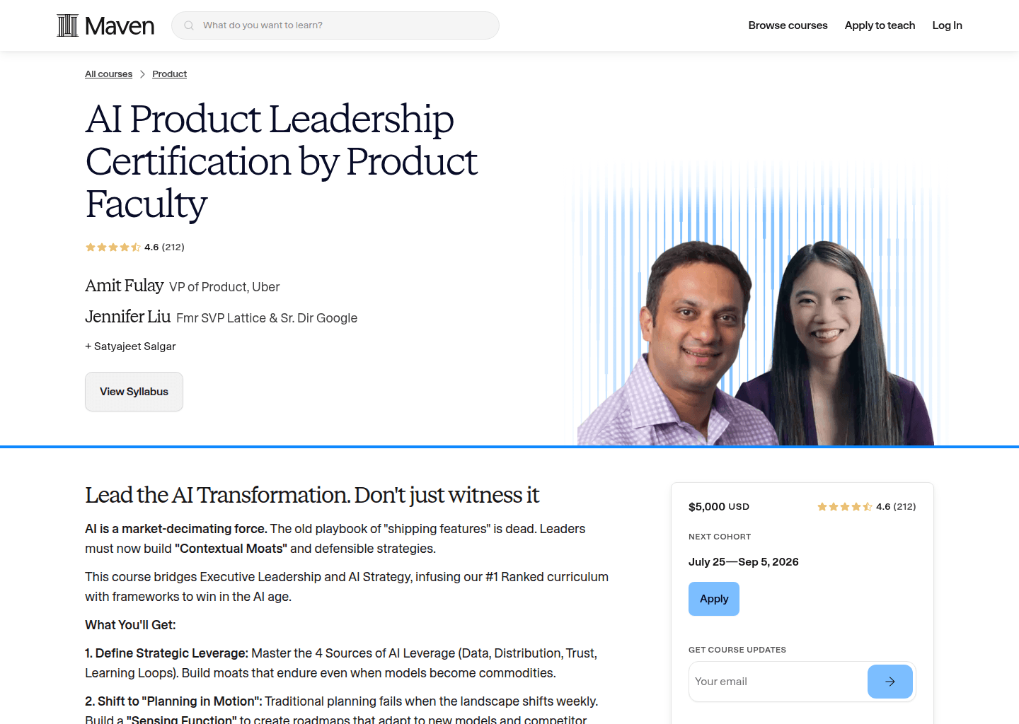 Website preview for Advanced Product Management Training