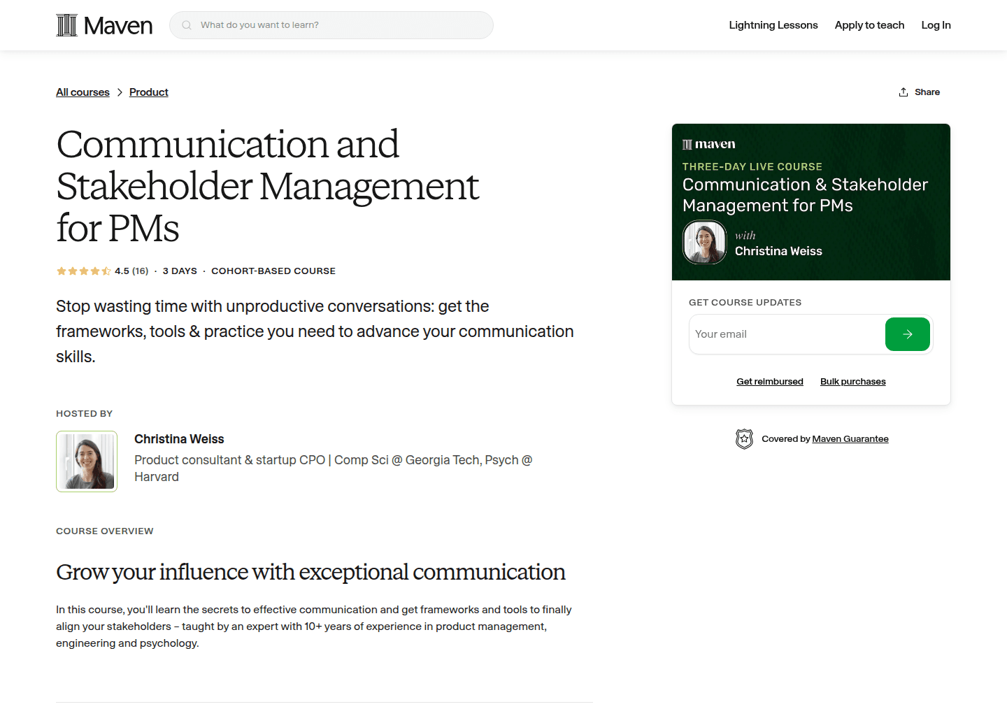 Website preview for Communication and Stakeholder Management for Product Managers