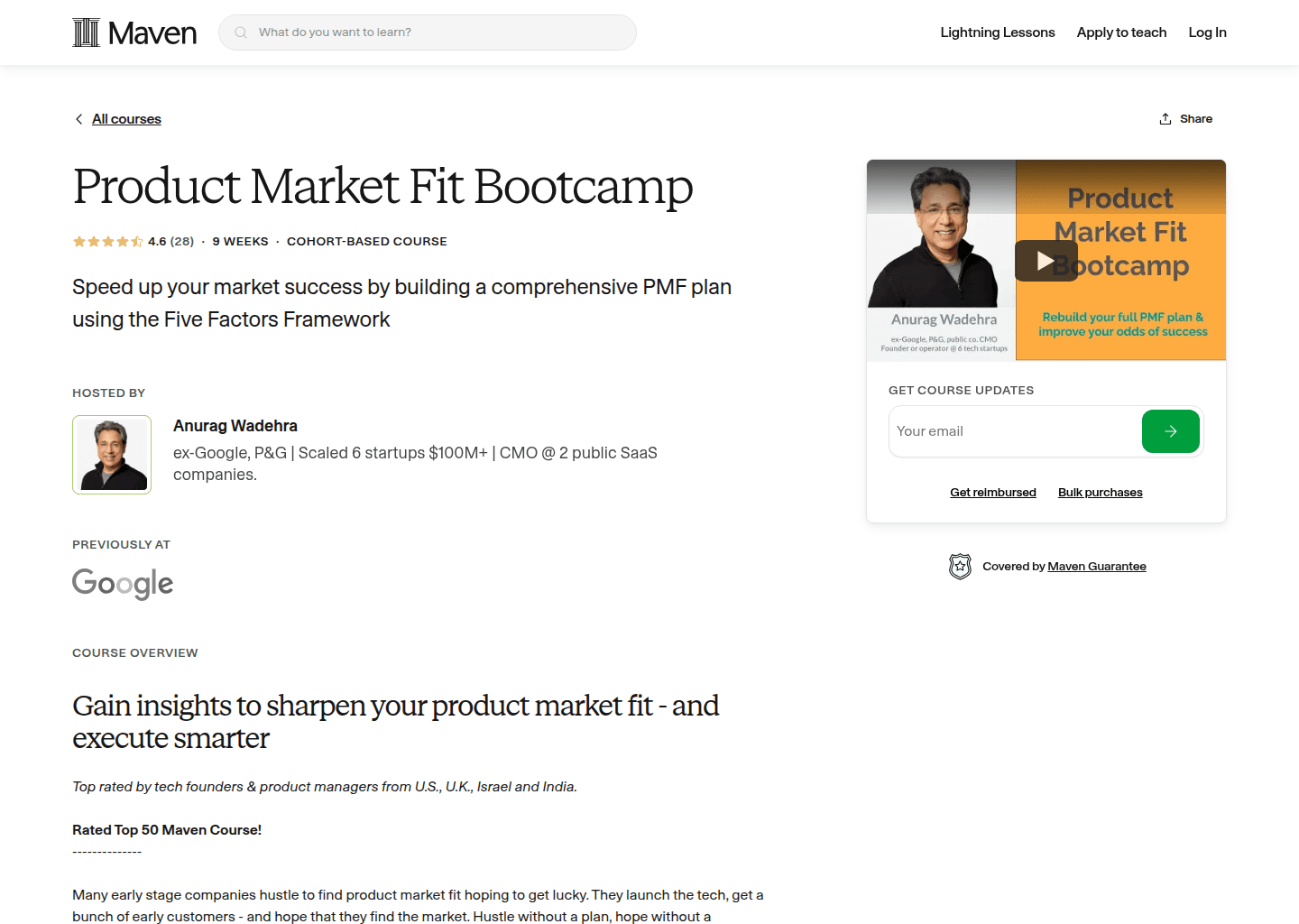 Website preview for Product Market Fit Bootcamp