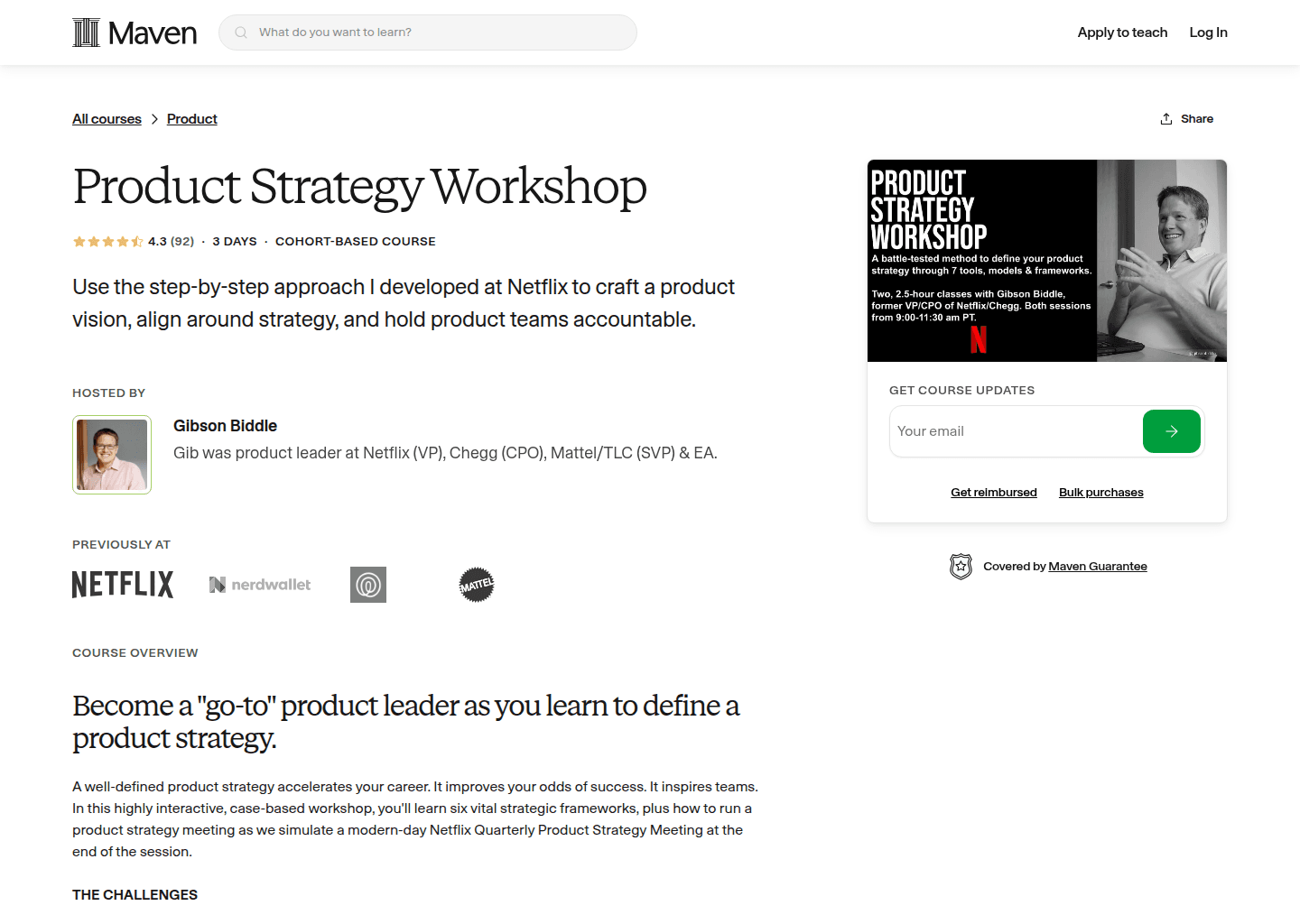 Website preview for Product Strategy Workshop