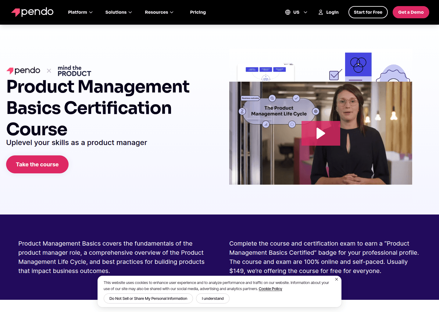 Website preview for Product Management Basics Certification Course