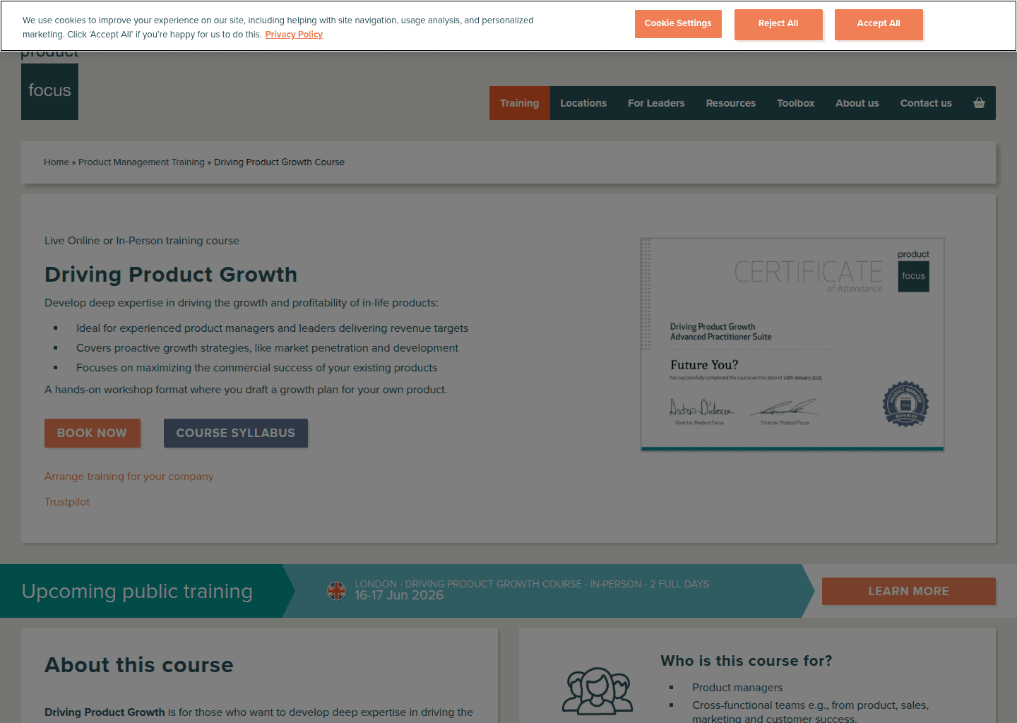 Website preview for Driving Product Growth Course