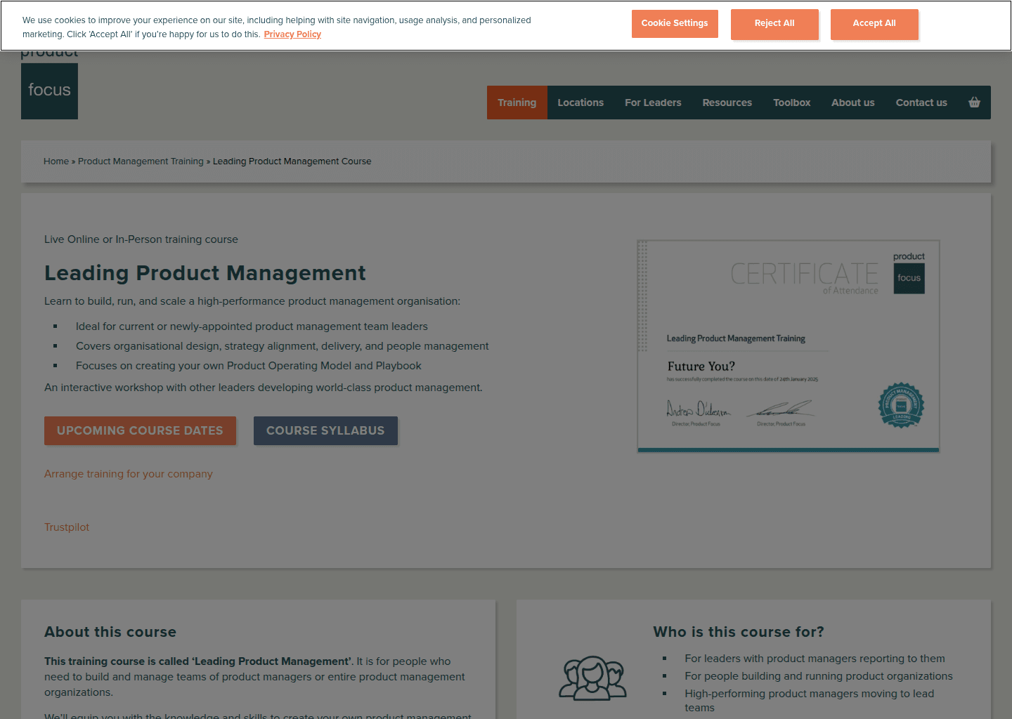 Website preview for Leading Product Management Course