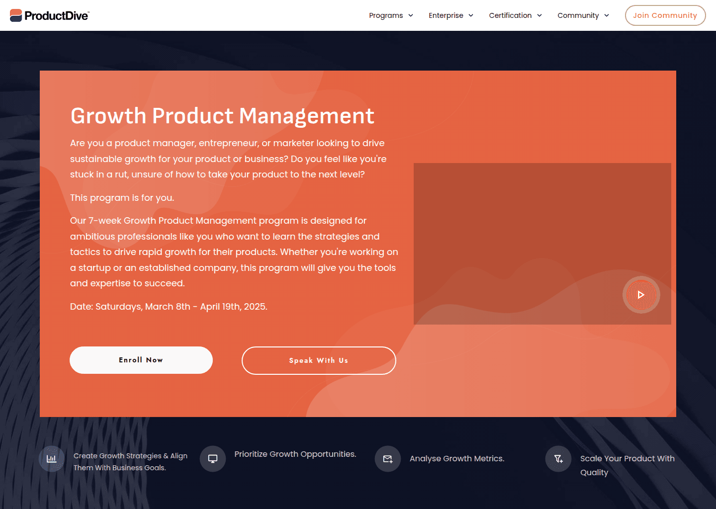 Website preview for Growth Product Management Program