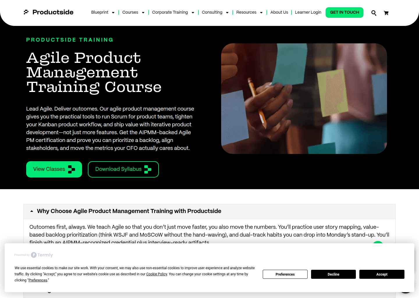 Website preview for Agile Product Management Training