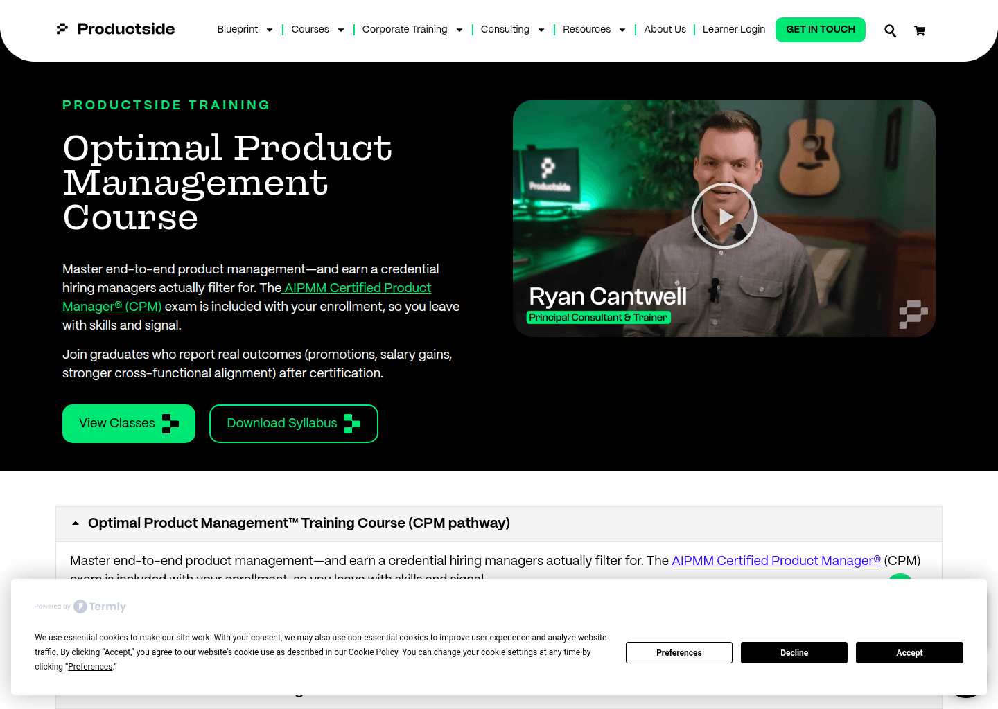 Website preview for Optimal Product Management Training