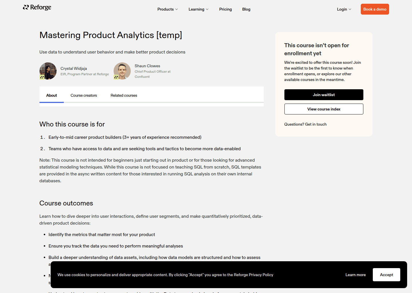 Website preview for Mastering Product Analytics