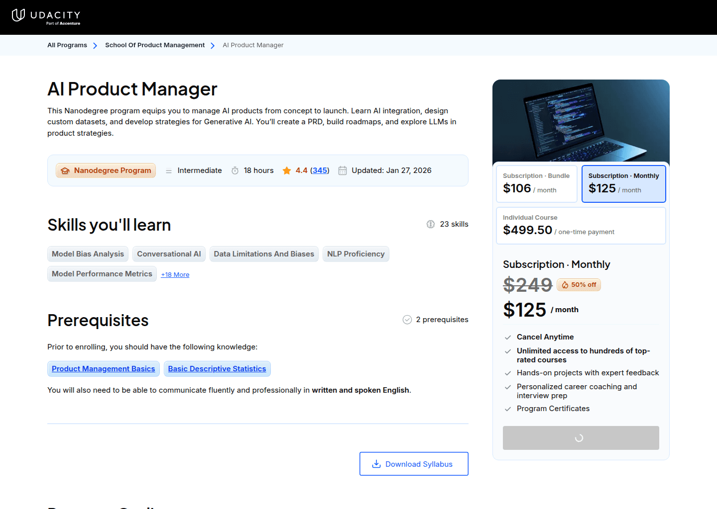 Website preview for AI Product Manager Nanodegree