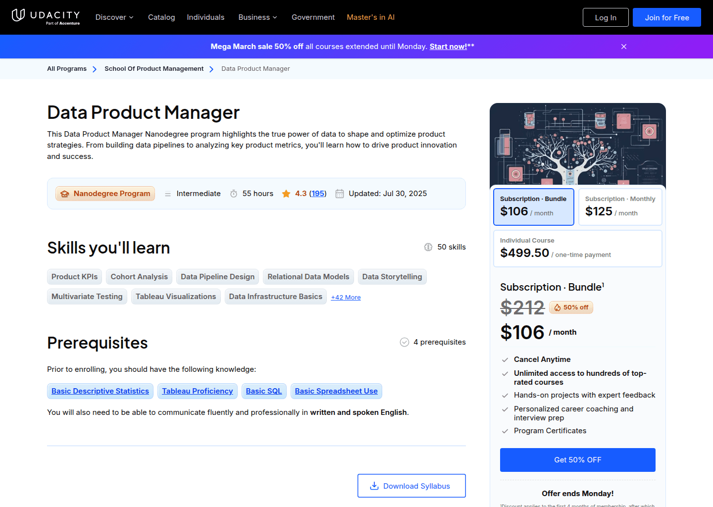Website preview for Data Product Manager Nanodegree Program