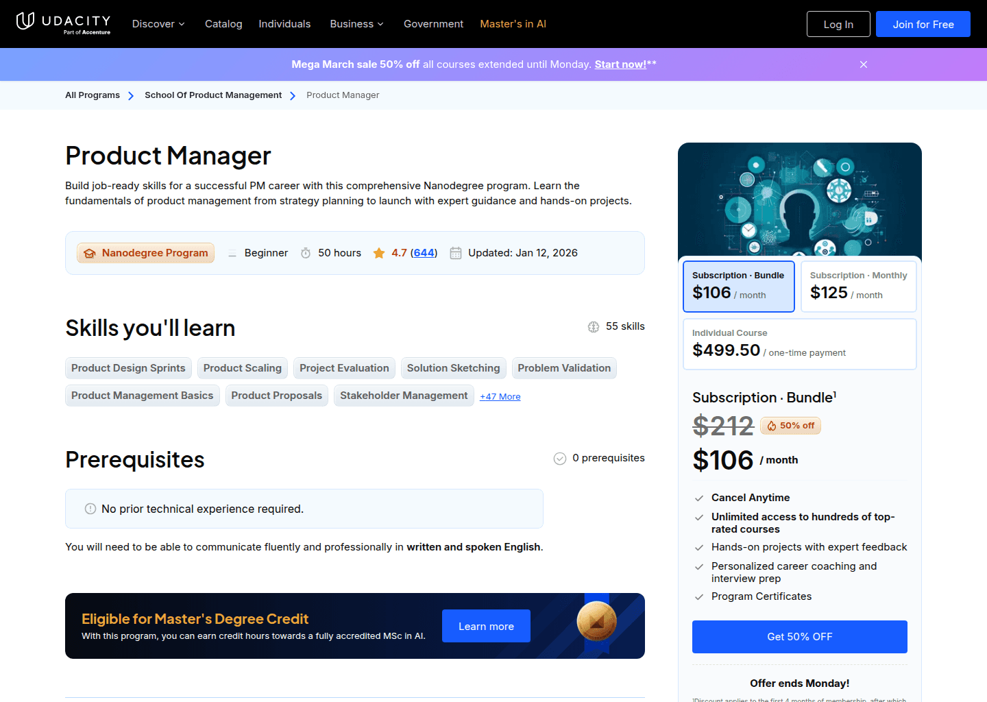 Website preview for Product Manager Nanodegree Program